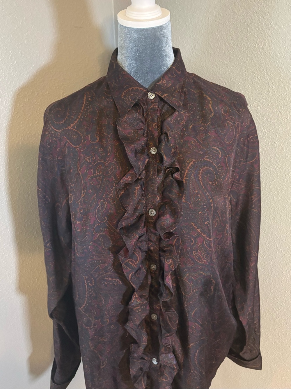 Ralph Lauren 100% Silk Paisley Ruffle Button-Up Blouse Size L - Picture 5 of 10